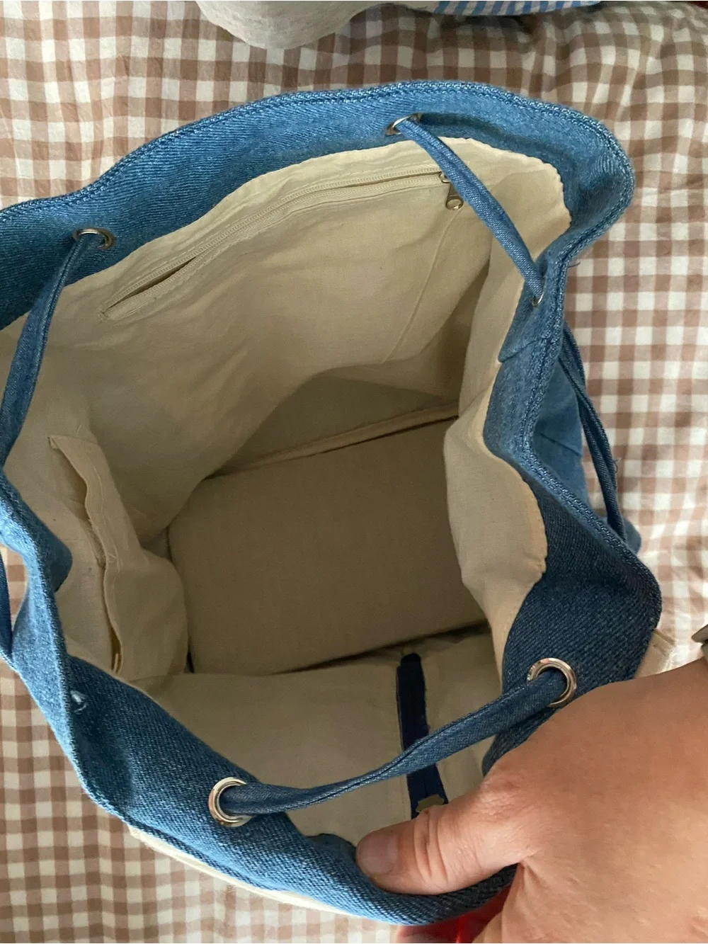 Longaberger Blue Canvas Plaid Flap Backpack with Basket Embroidery
